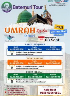 Umroh Reguler, Paket Istiqamah, Paket Berkah, Paket Hidayah,  9 hari ,Plus Thaif, Btt – Duta Sahara, Keberangkatan 03 September  2025 